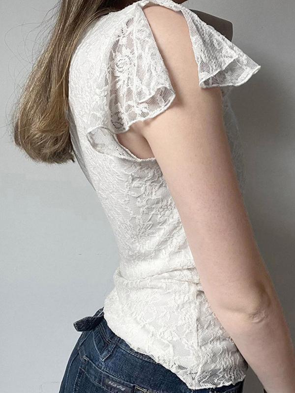 V Neck Lace Short Sleeve Tee Product Image