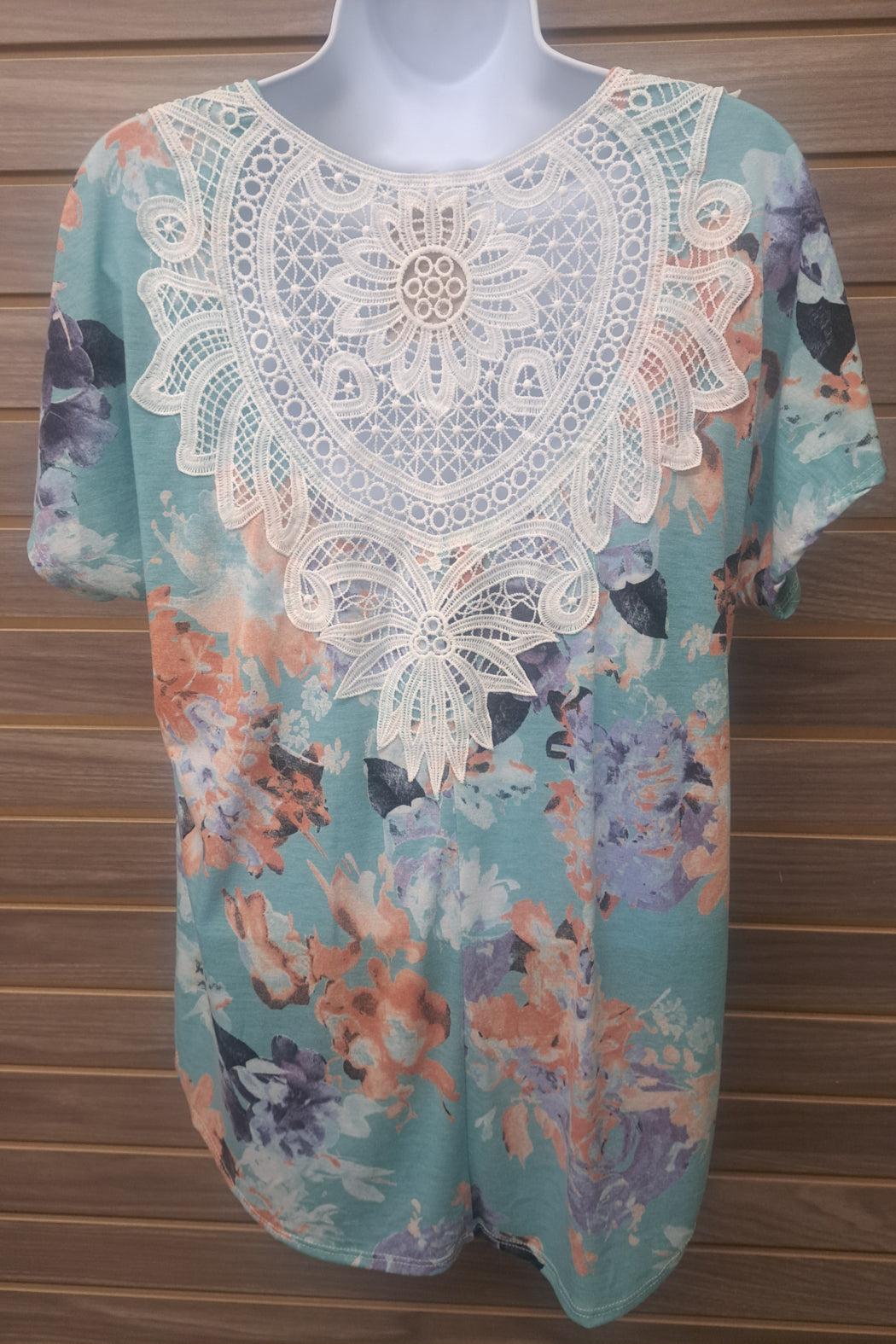 Blue floral lace ss tunic Product Image