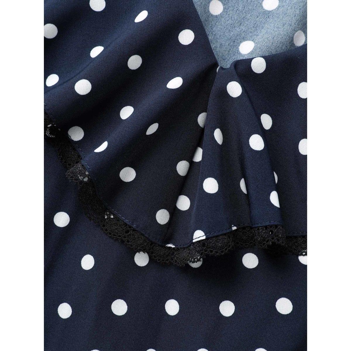 Plus Size Polka Dot Ruffle Trim Midi Dress DarkBlue Women Elegant Ruffles V-neck Long Sleeve Curvy BloomChic 18-20/2X Product Image