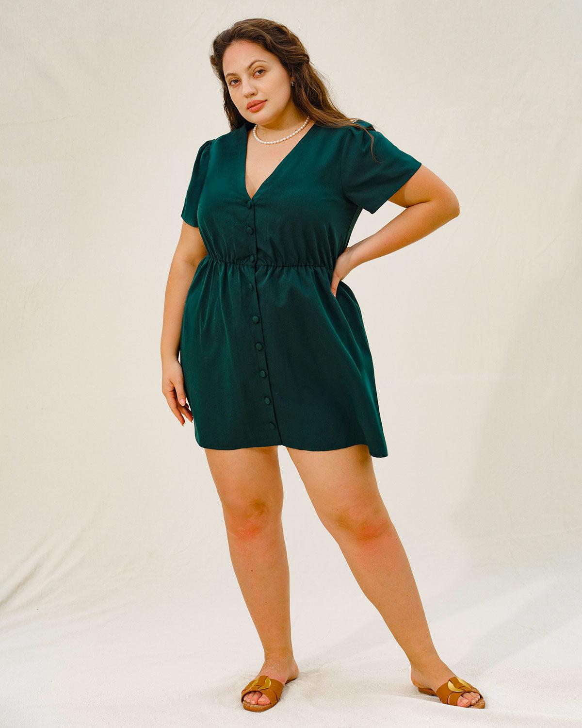 Green Puffed Sleeve Plus Size Mini Dress Product Image