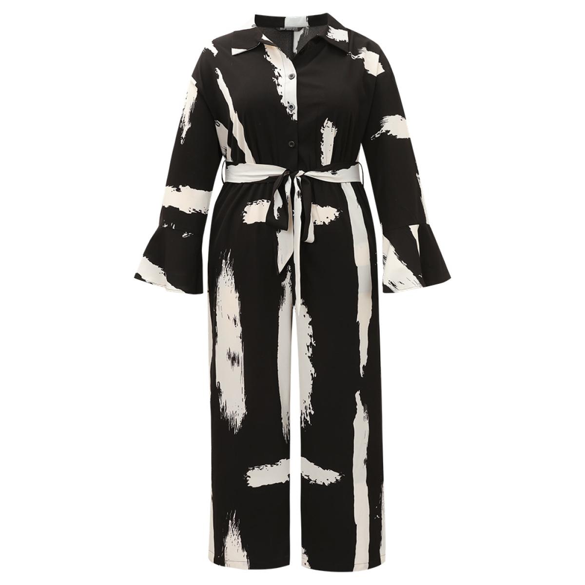 Plus Size BlackFlower Brush Print Button Up Belted Bell Sleeve Jumpsuit Women Office Long Sleeve Shirt collar Office Loose Jumpsuits BloomChic 26/4X Product Image