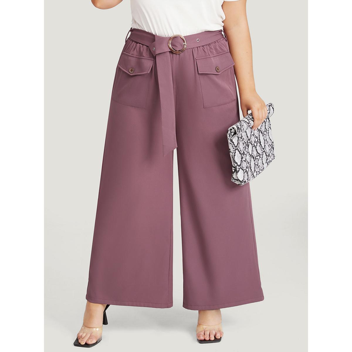 Plus Size Solid Flap Pocket Buckle Belt Wide Leg Pants Women Eggplant Office Straight Leg High Rise Office Pants BloomChic 12/L Product Image