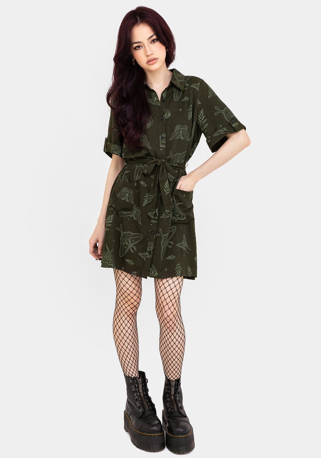 Callopistria Moth Print Mini Shirt Dress - Green Product Image