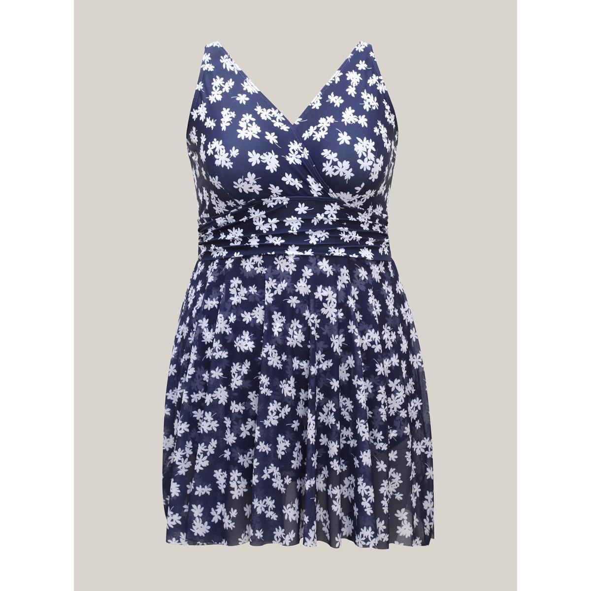 Plus Size Floral Print Mesh Fit Flare Swim Dress Women's Swimwear Indigo Beach Bodycon Overlap Collar High stretch Curve Swim Dresses BloomChic 18-20/2X Product Image