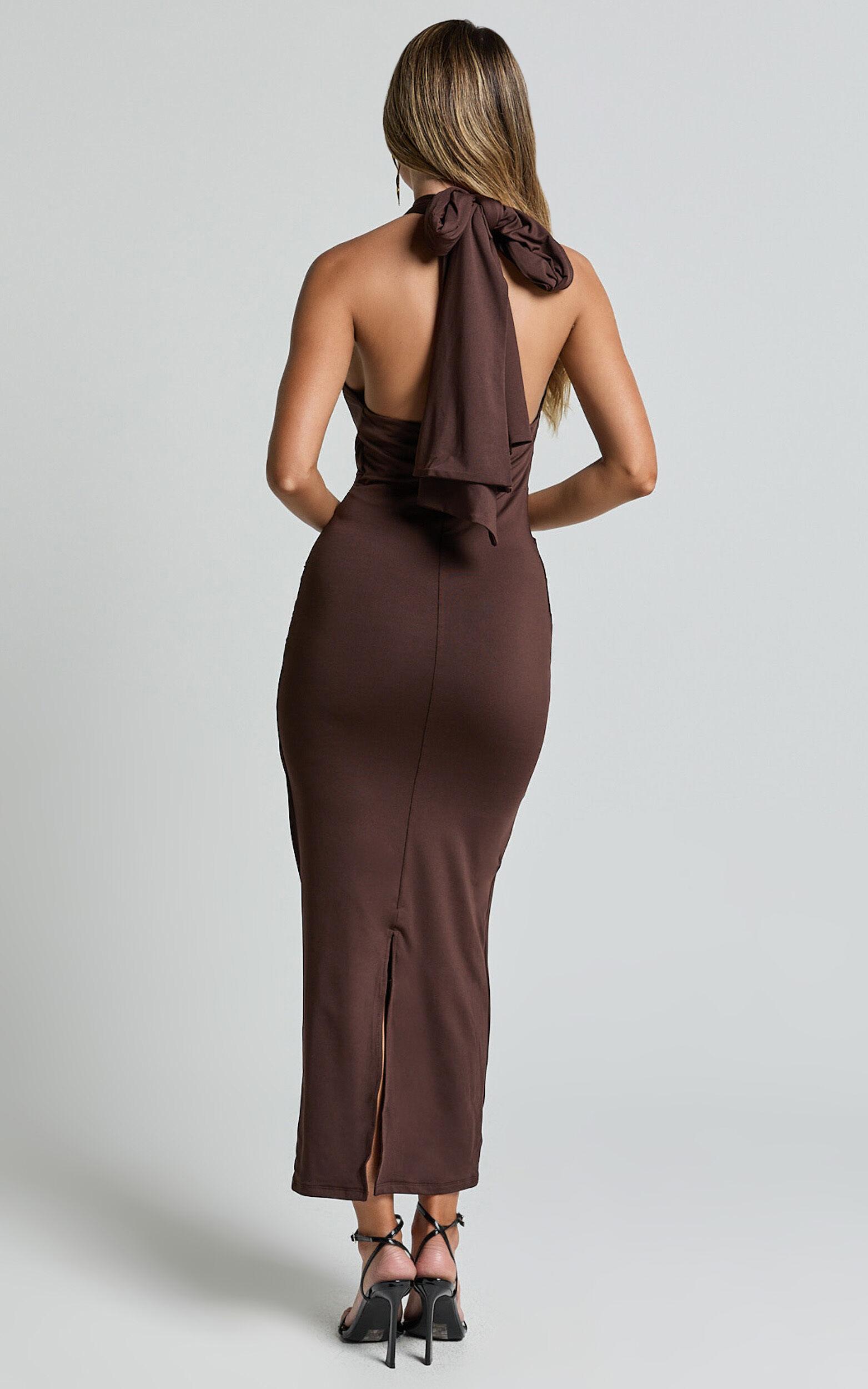 Olenna Midi Dress - Halter Neck Twist Detail Tie Back Dress in Chocolate Product Image