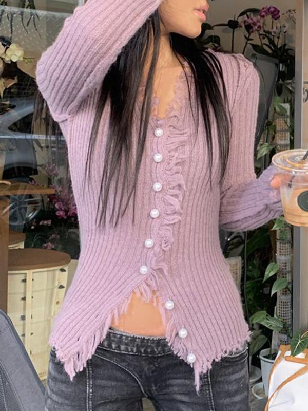 Solid Rib V Neck Frayed Trim Knit Cardigan Product Image