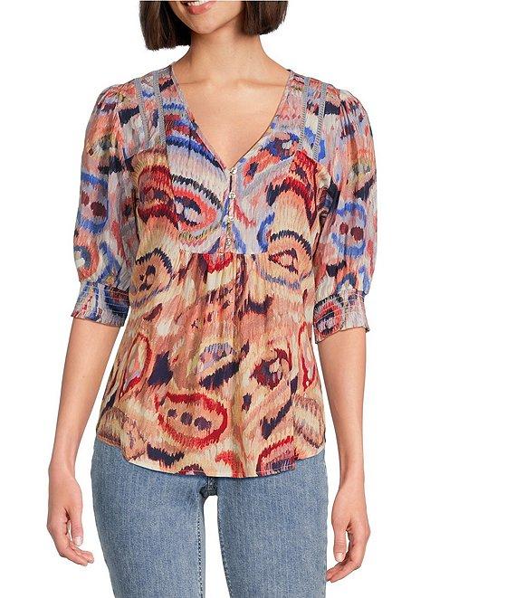 Nurture by Westbound Woven Smocked Elbow Sleeve V-Neck Top Product Image