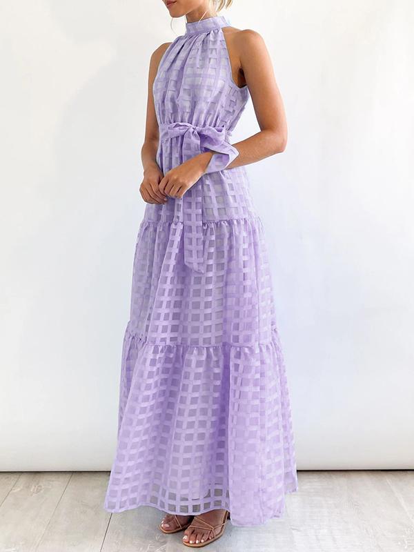 Loose Sleeveless Plaid Ribbed Stand Collar Maxi Dresses Product Image