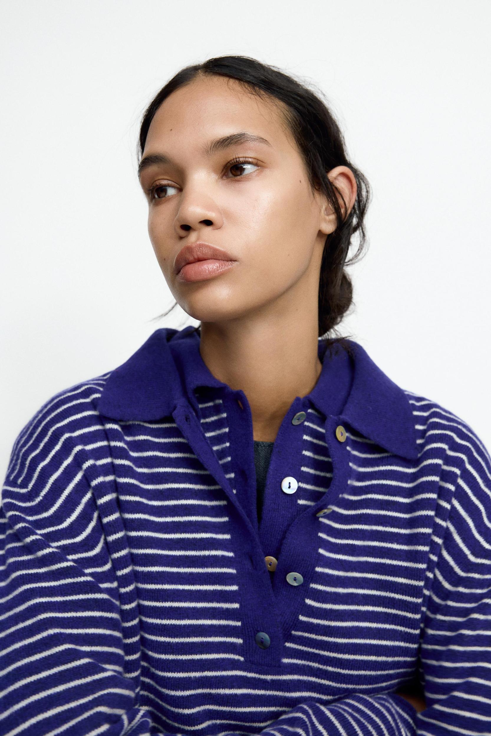 STRIPED KNIT POLO SWEATER Product Image