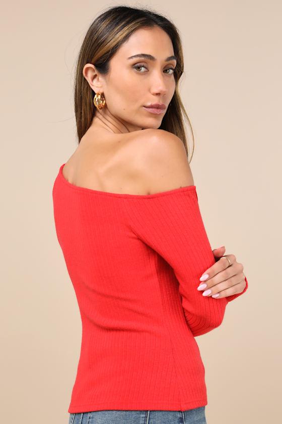 Popular Babe Red Ribbed Knit Asymmetrical Long Sleeve Top Product Image