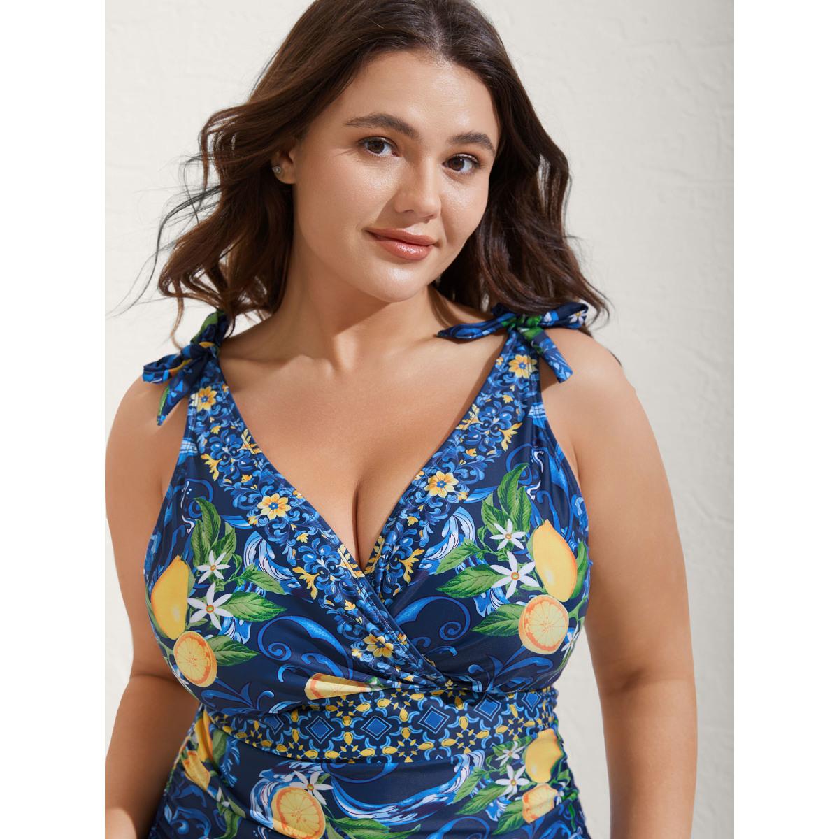 Plus Size Two-Piece Citrus Print Sarong Swimsuit Women's Swimwear Indigo Resort Tie knot Curve Bathing Suits High stretch One Pieces BloomChic 30/6X Product Image