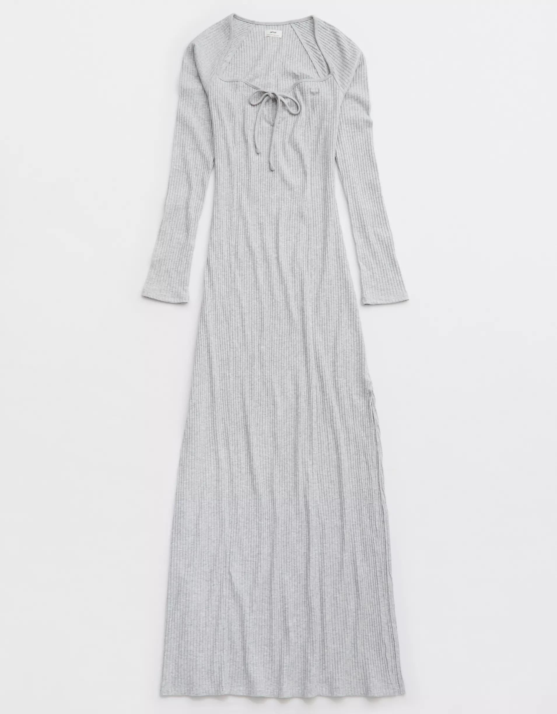 Aerie Long Sleeve Knit Tie Front Maxi Dress Product Image