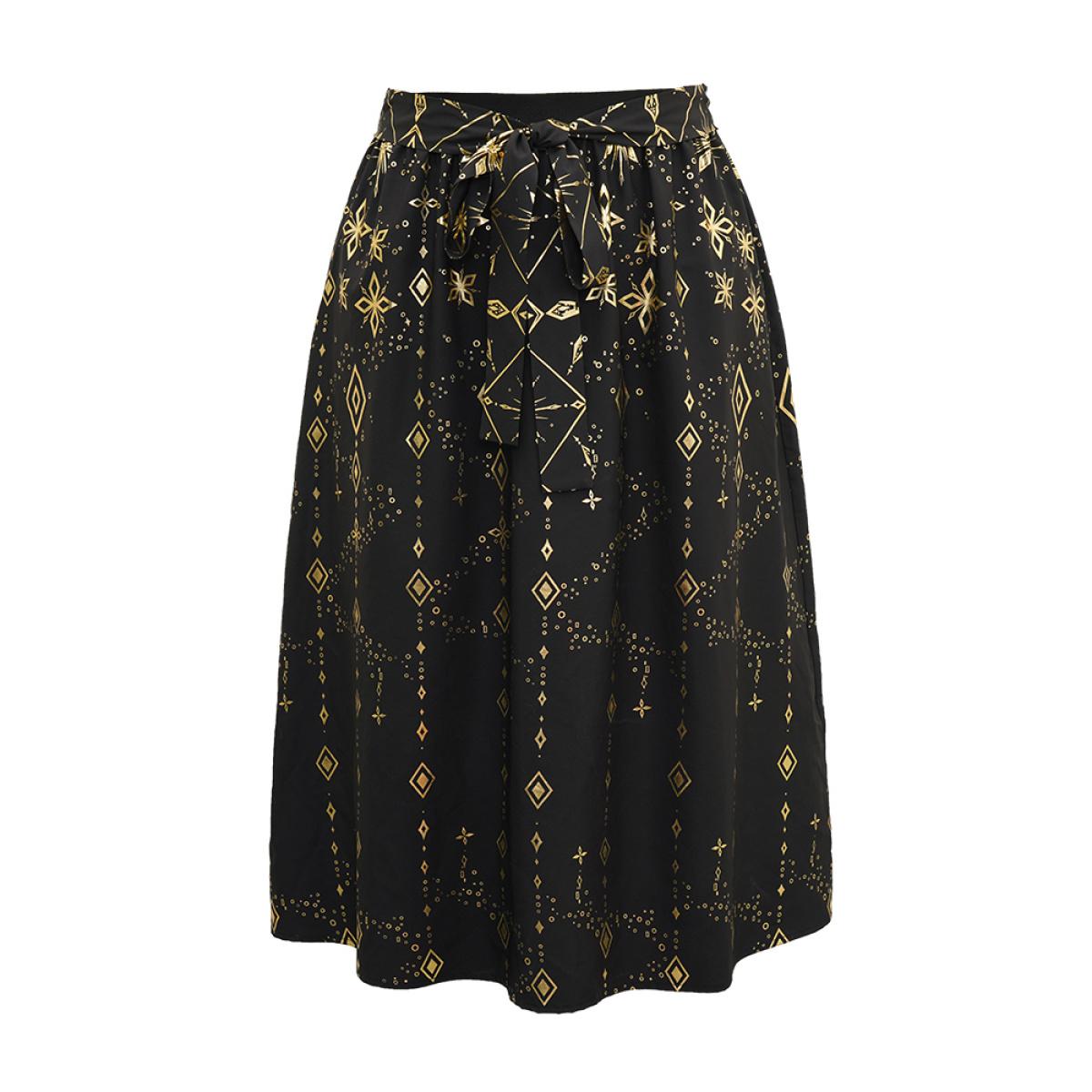 Plus Size Halloween Glitter Geometric Belted Pocket Skirt Women Black Elegant A-line No stretch Pocket Belt Festival-Halloween Skirts BloomChic 22-24/3X Product Image