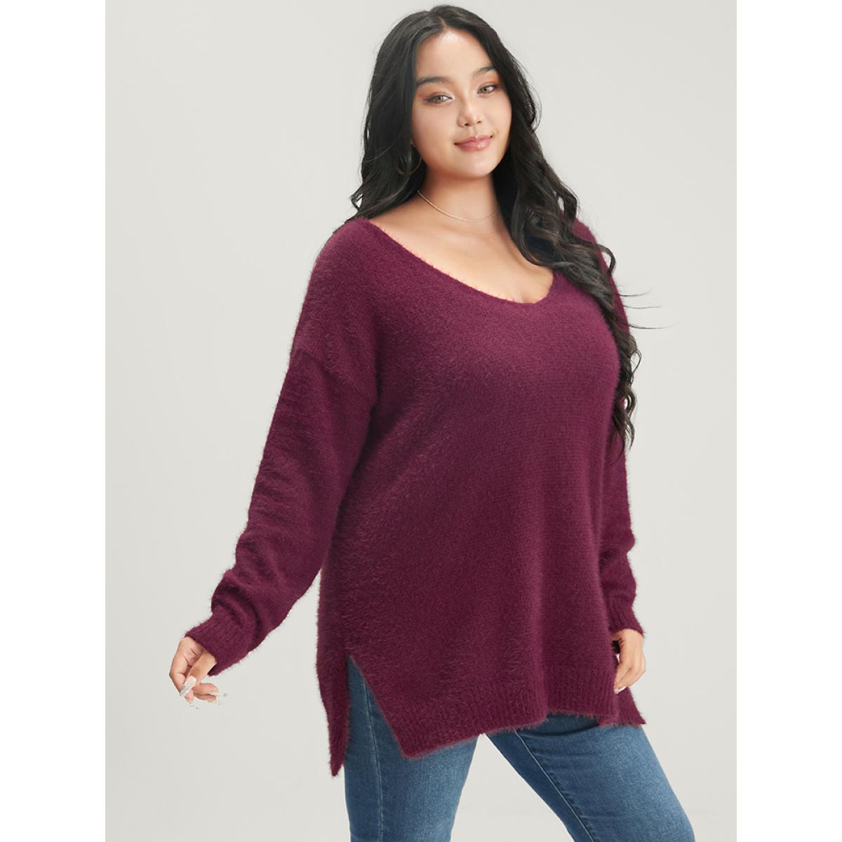 Plus Size Solid Super Soft Plush Knit Split Hem Heather Knit Top Eggplant Women Elegant Loose Long Sleeve Deep V-neck Dailywear Pullovers BloomChic 12/L Product Image