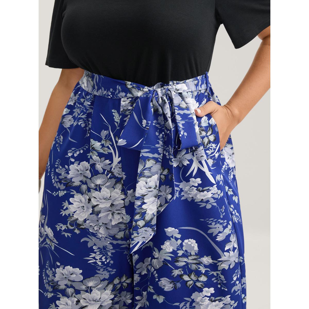 Plus Size Mediumblue Color Contrast Belted Panel Pockets Jumpsuit Women Timeless Short sleeve Square Neck Elegant Loose Jumpsuits BloomChic 30/6X Product Image