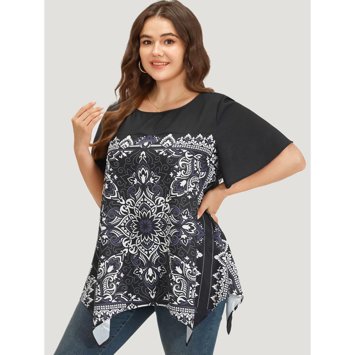 Plus Size Black Boho Print Crew Neck Flutter Sleeve Hanky Hem Blouse Women Vacation Short sleeve Round Neck Dailywear Blouses BloomChic 10/M Product Image