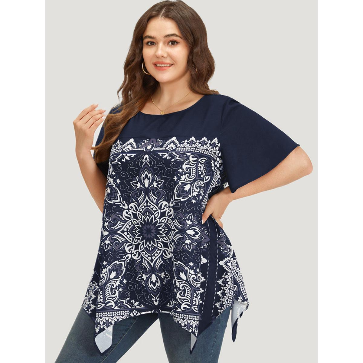 Plus Size Black Boho Print Crew Neck Flutter Sleeve Hanky Hem Blouse Women Vacation Short sleeve Round Neck Dailywear Blouses BloomChic 10/M Product Image