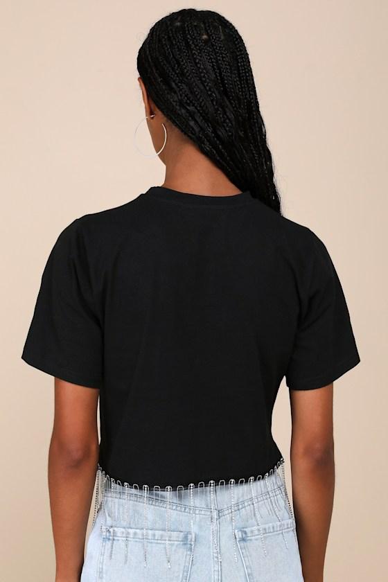 Let's Party Black Rhinestone Fringe Cropped Tee Product Image