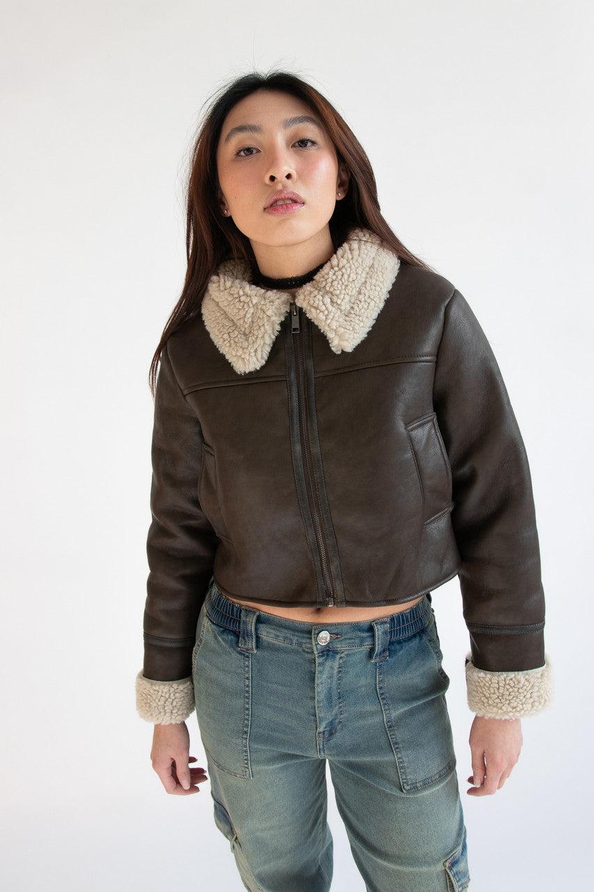 Faux Fur Lined Pleather Bomber Jacket Product Image