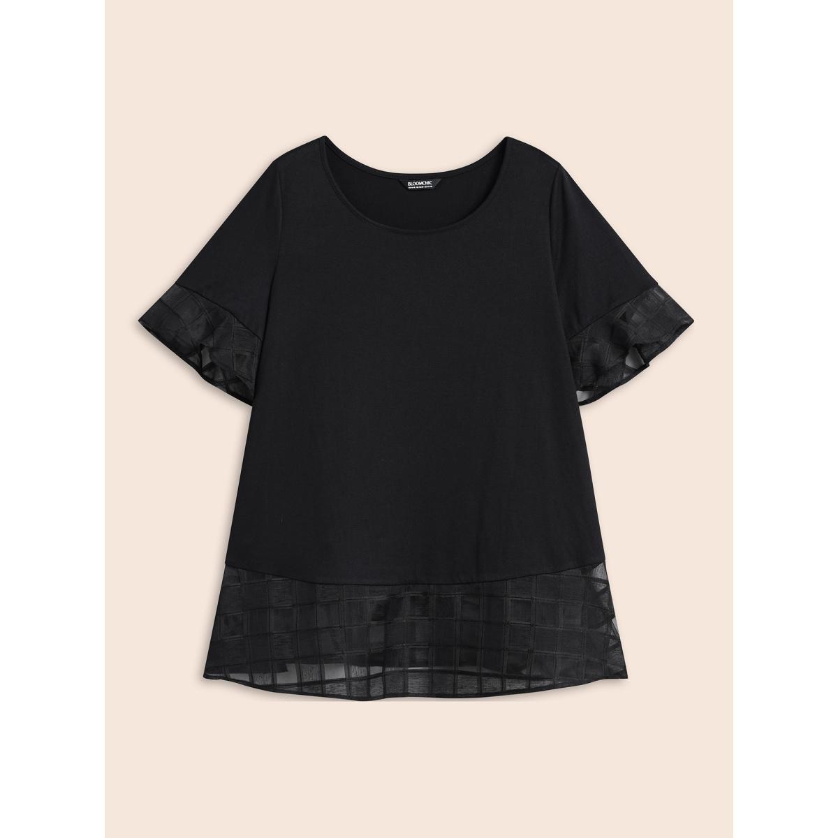 Plus Size Sheer Patchwork Ruffle Round Neck T-Shirt Black Women Elegant Patchwork Round Neck Everyday T-shirts BloomChic 14-16/1X Product Image