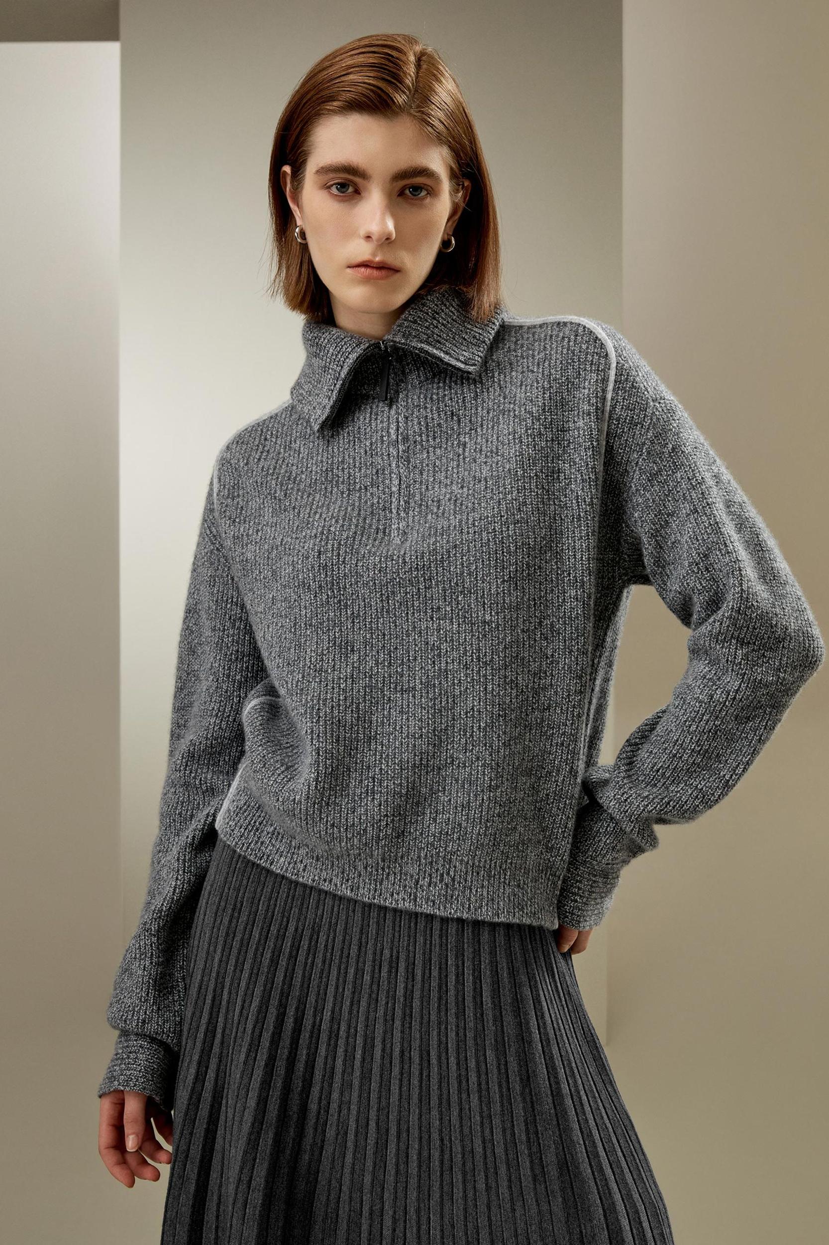 Cashmere Half Zip-Up Ribbed Sweater Product Image