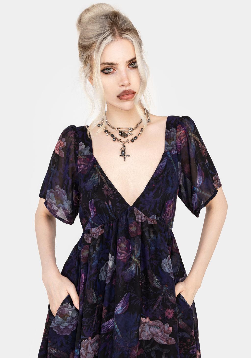 Dragonfly Floral Print Chiffon Handkerchief Hem Dress Product Image