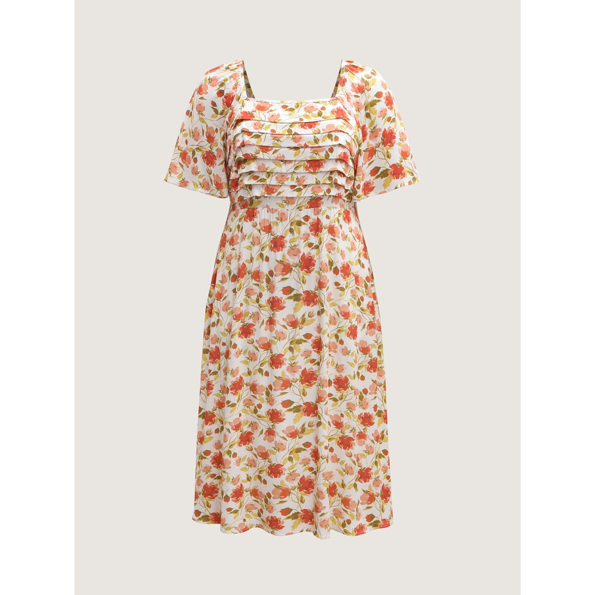 Plus Size Floral Pleated Bodice Pockets Midi Dress Ivory Women Tucked seam Square Neck Short sleeve Curvy BloomChic 12/L Product Image