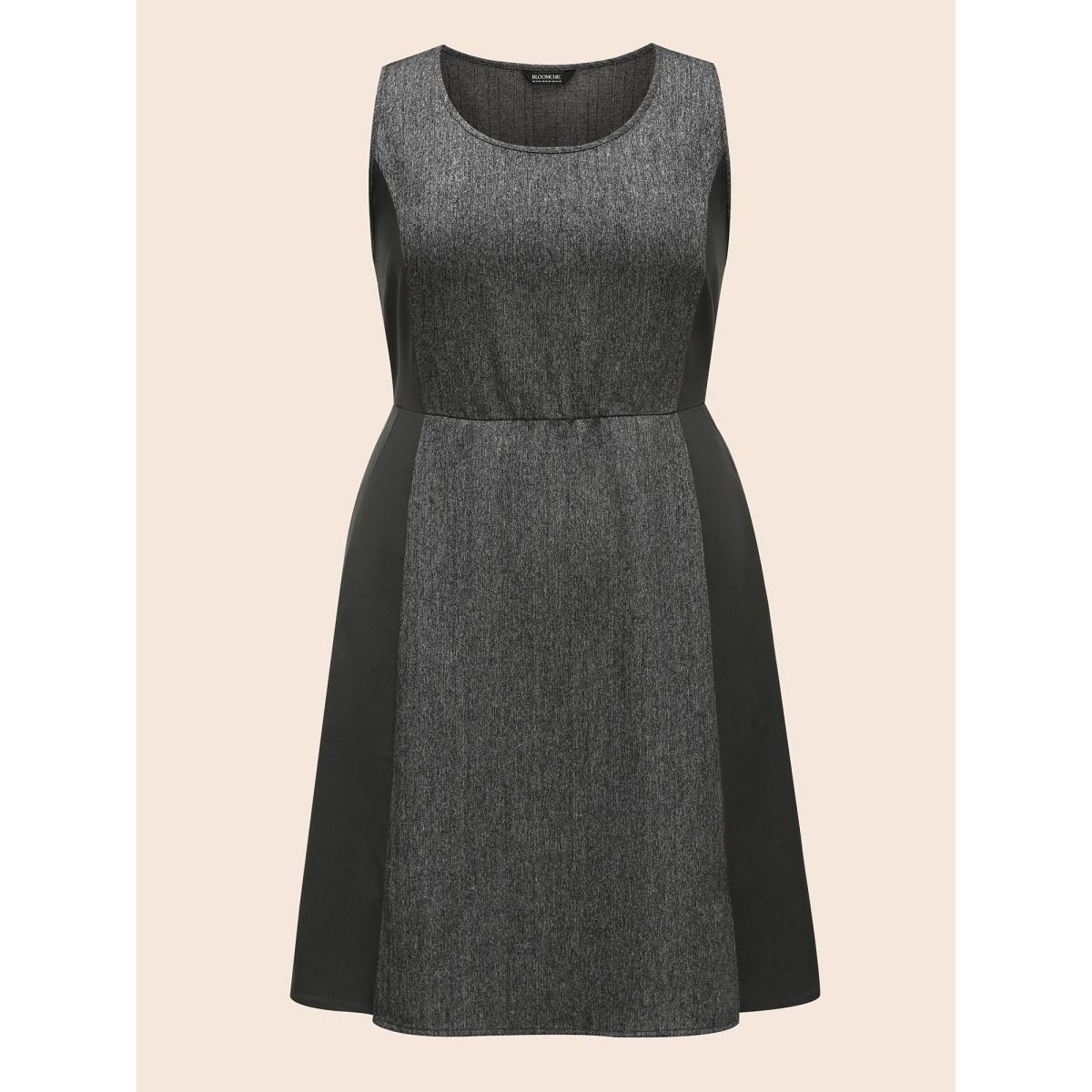Plus Size Stretch Woven Seamed Fiited Midi Dress Black Women At the Office Contrast Round Neck Sleeveless Curvy BloomChic 28/5X Product Image