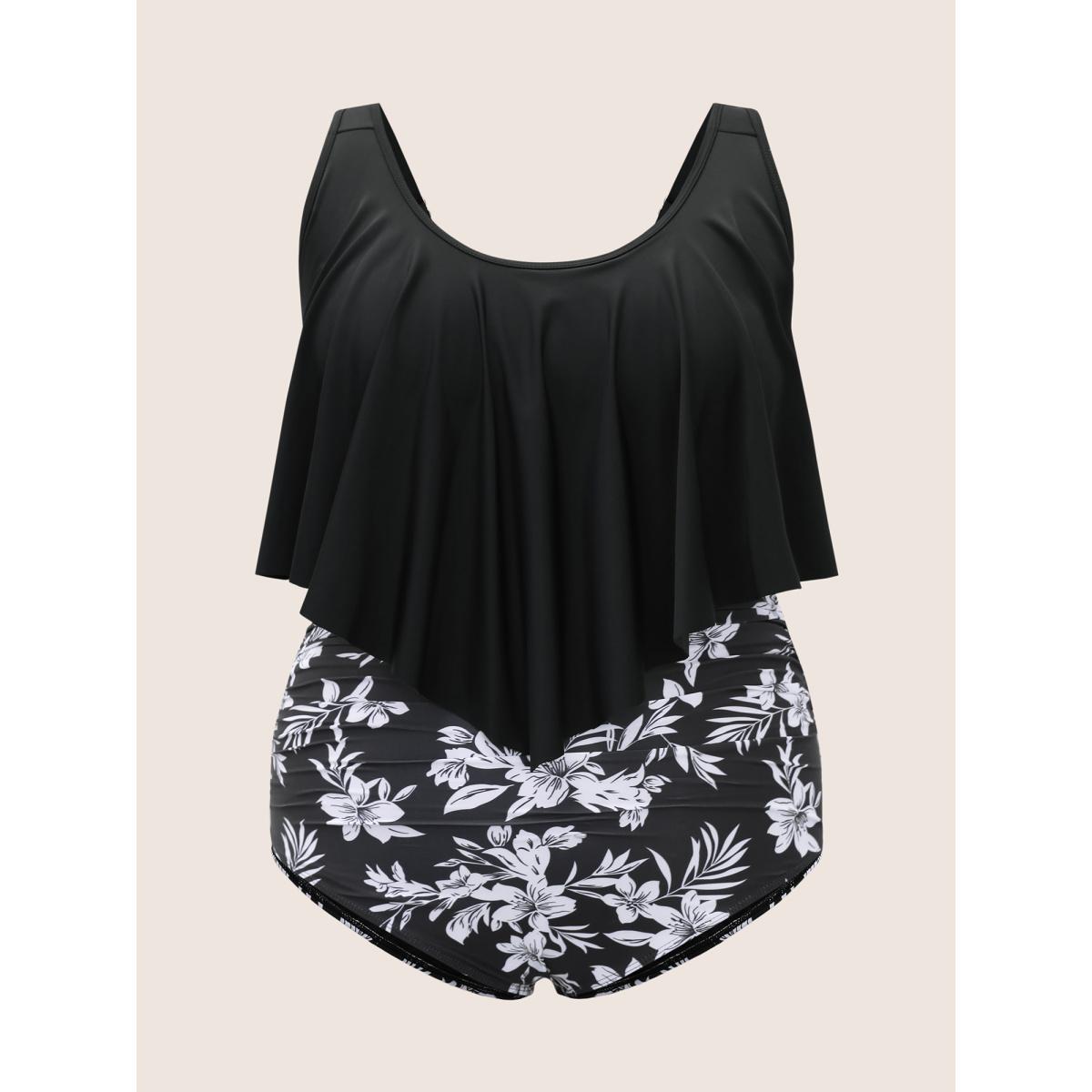 Plus Size Floral Patchwork Tiered Ruffles One Piece Swimsuit Women's Swimwear Black Beach Gathered Curve Bathing Suits High stretch One Pieces BloomChic 12/L Product Image