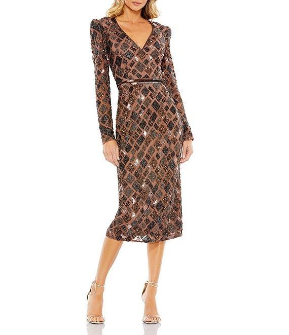 Mac Duggal V-Neck Long Sleeve Beaded Printed Back Slit Midi Sheath Midi Dress Product Image