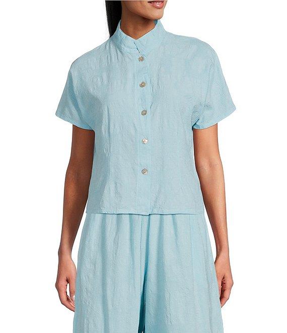 Bryn Walker Jacquard Cotton Floral Mandarin Collar Short Sleeve Coordinating Button Front Shirt Product Image