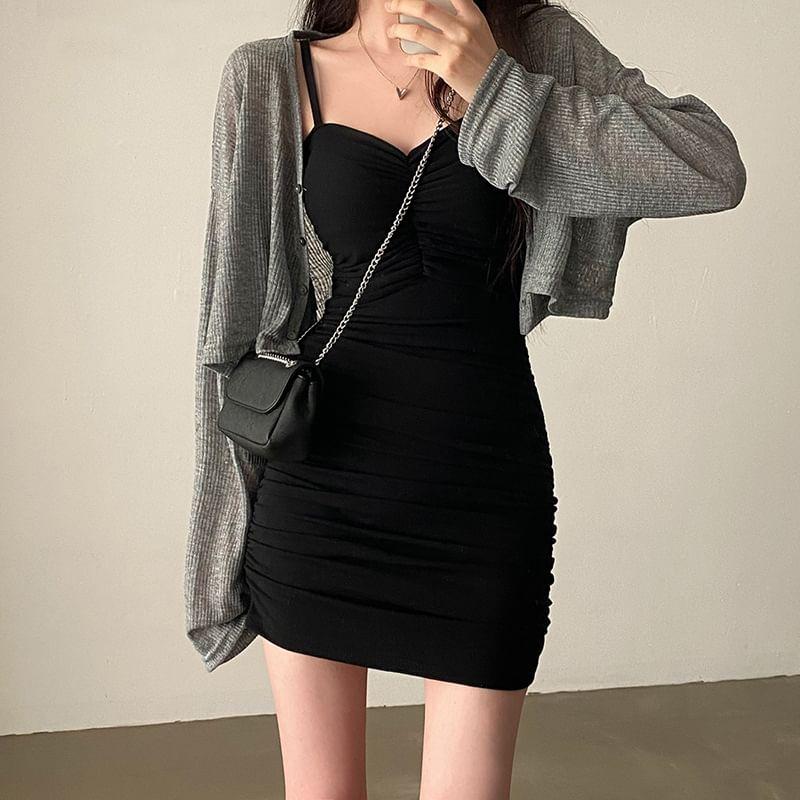 Long Sleeve Ribbed-Knit Light Crop Cardigan / Spaghetti Strap Mini Bodycon Dress Product Image