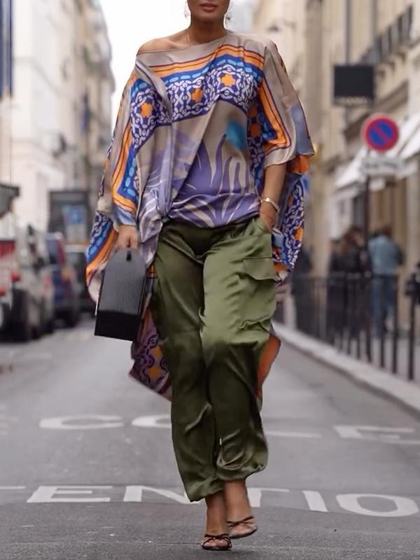 Batwing Sleeves Half Sleeves Contrast Color Printed One-shoulder Blouses&shirts Tops Product Image