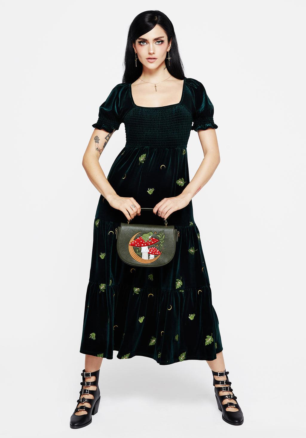 Swamplife Frog Embroidered Velour Tiered Midi Dress Product Image