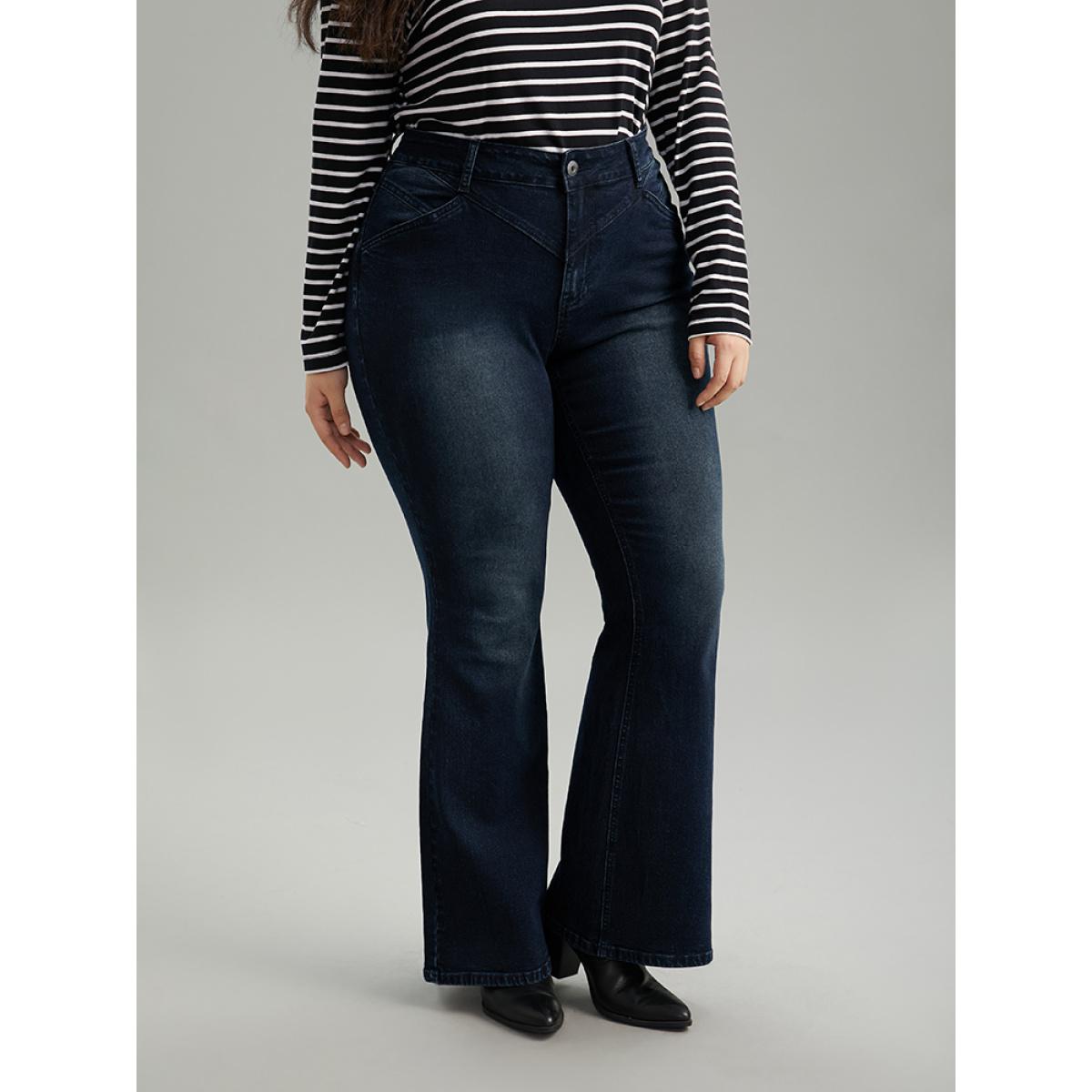 Plus Size Flare Leg Very Stretchy Pleated Patchwork Jeans Women Midnight Casual Plain Plain High stretch Pocket Jeans BloomChic 24/3X Product Image