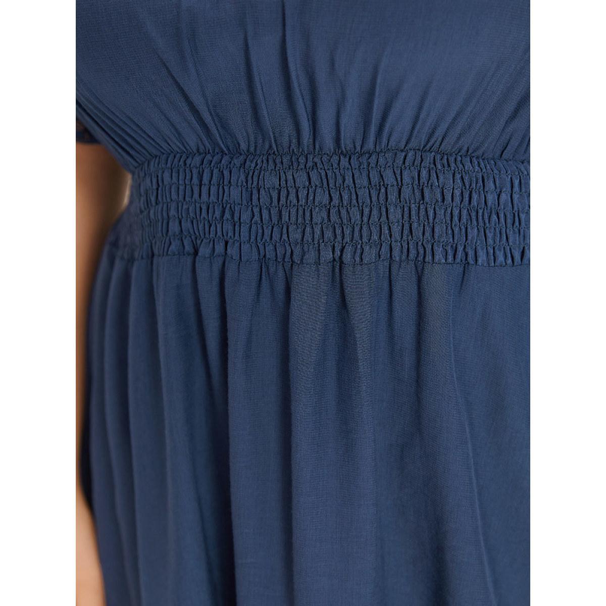 Plus Size Indigo Supersoft Essentials Crochet Lace Mesh Shirred Ruffle Hem Gathered Blouse Women Elegant Short sleeve Square Neck Dailywear Blouses BloomChic 14-16/1X Product Image