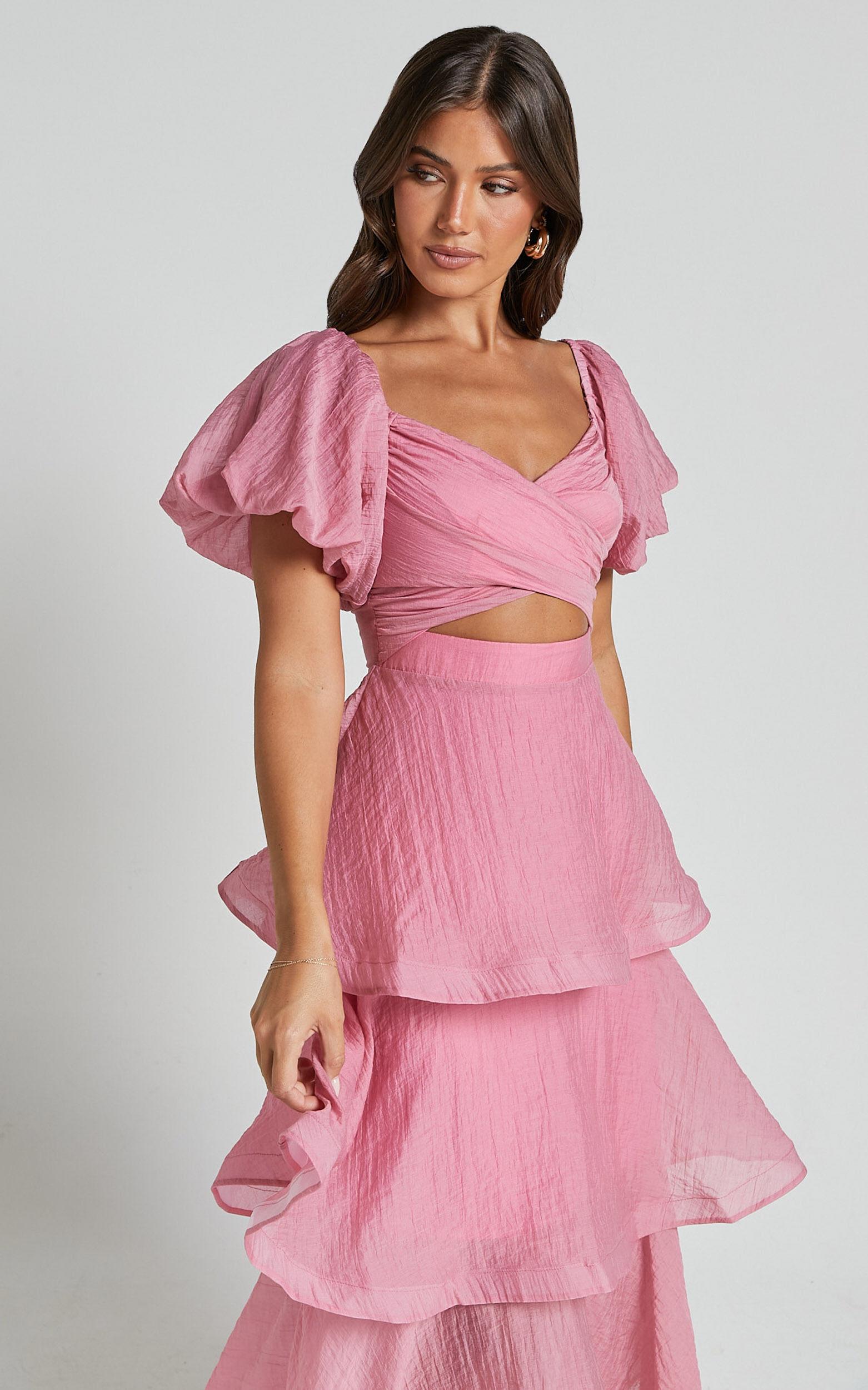 Giselle Midi Dress - Short Puff Sleeve Front Cut Out Layered Dress in Pink Product Image