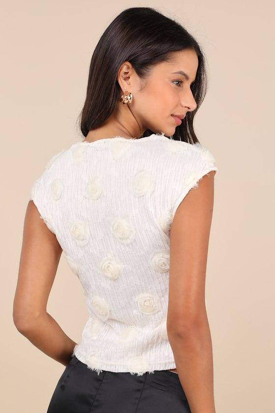 Nova Ivory Lace Textured Rosette Applique Cap Sleeve Top Product Image
