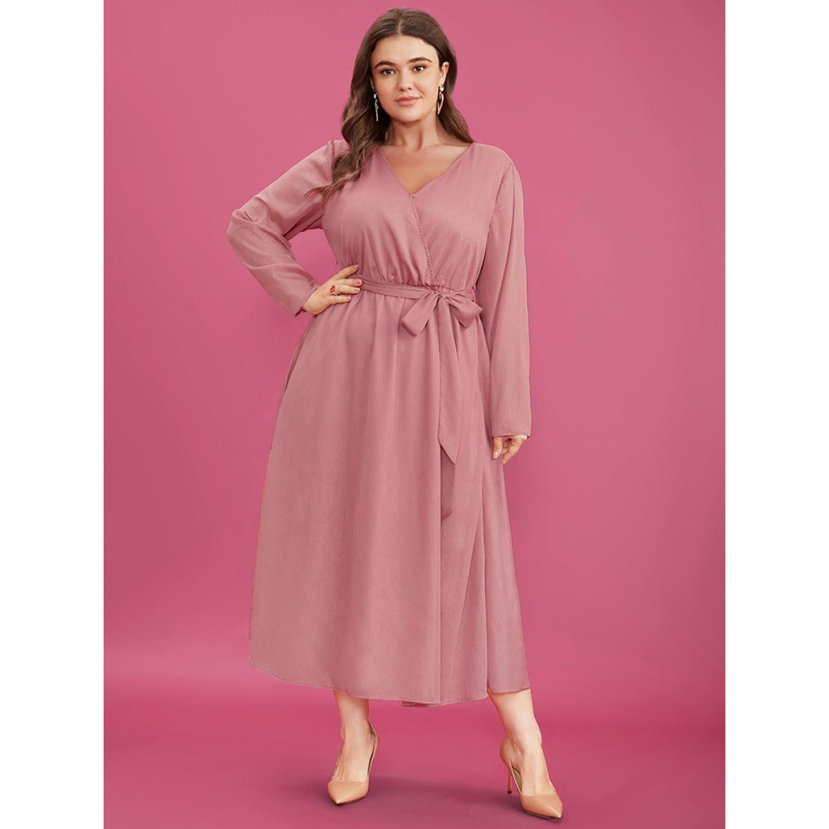 Plus Size Solid Pocket Belted Surplice Neck Midi Dress DustyPink Women Elegant Belted V-neck Long Sleeve Curvy Midi Dress BloomChic 10/M Product Image