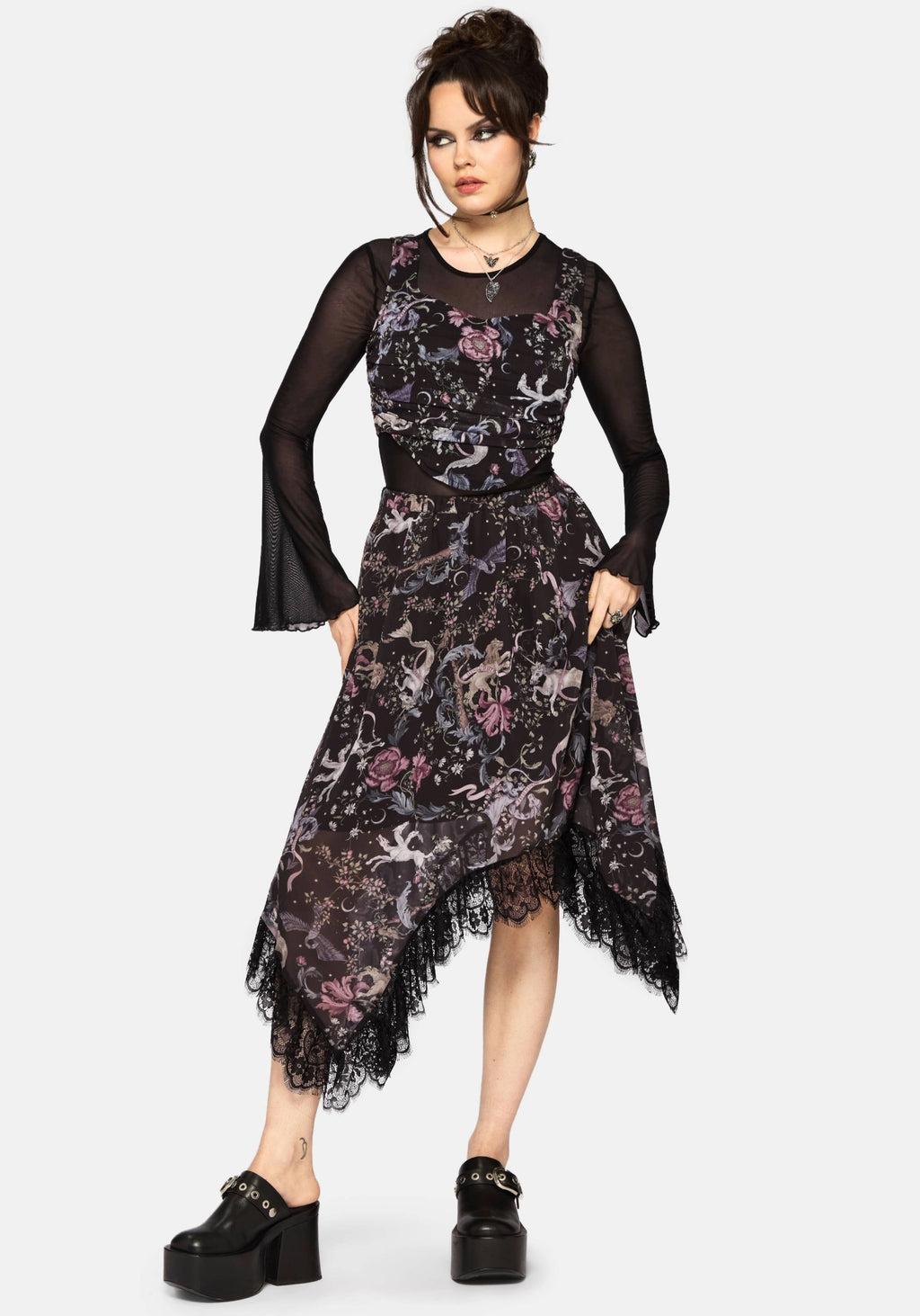 Merunicorn Enchanted Forest Print Puff Sleeve Midi Dress Product Image