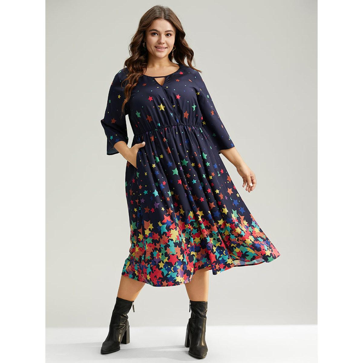 Plus Size Star Print Keyhole Pocket Elastic Waist Dress Indigo Women Elegant Printed Keyhole Cut-Out Elbow-length sleeve Curvy Midi Dress BloomChic 10/M Product Image