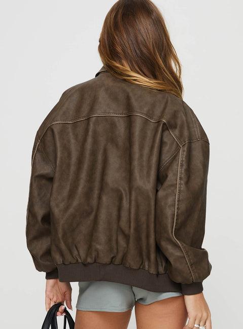 Goldsmith Faux Leather Bomber Jacket Washed Dark Brown Product Image