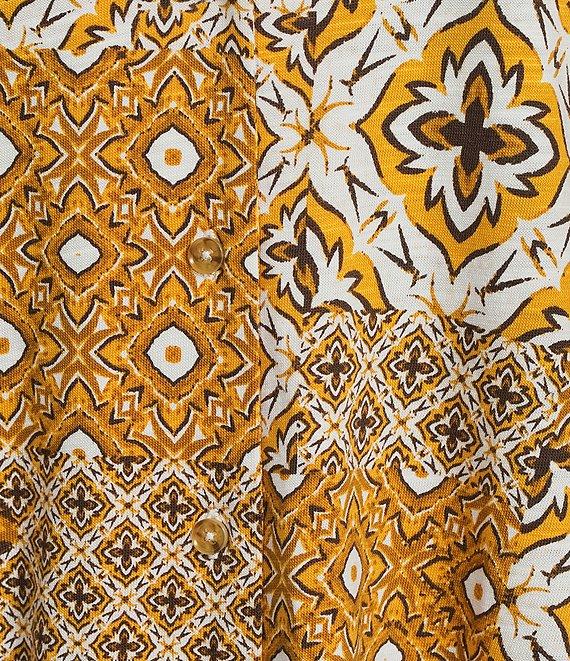 Investments Petite Size Knit Mosaic Patchwork Short Sleeve Button Front Notch Collar Camp Top Product Image