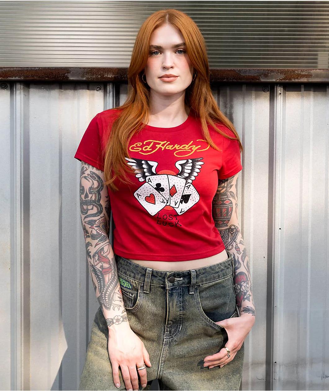 Ed Hardy Rhinestone Aces Red Crop T-Shirt Product Image