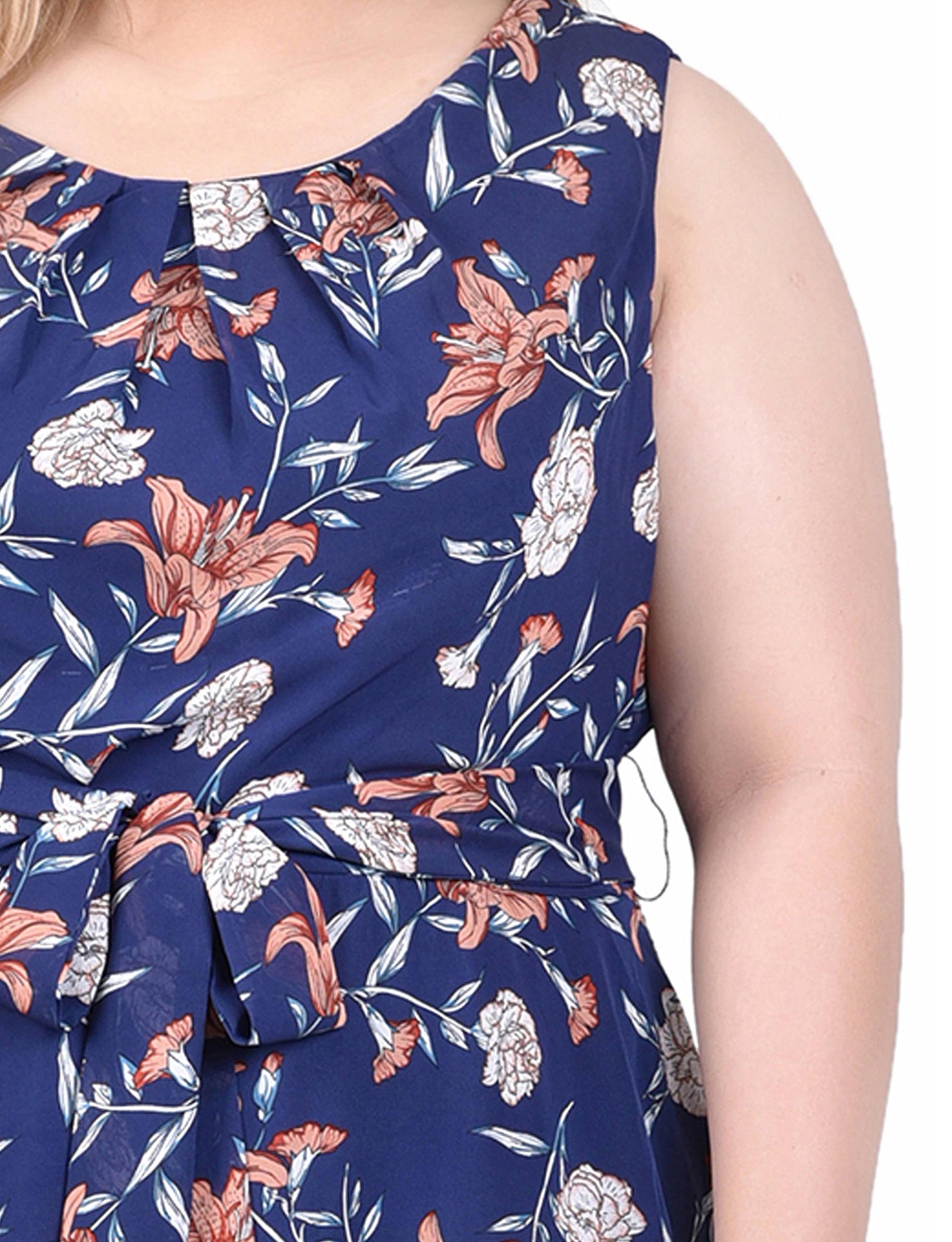 Navy Floral Sleeveless Chiffon Belted Dress - Plus Product Image