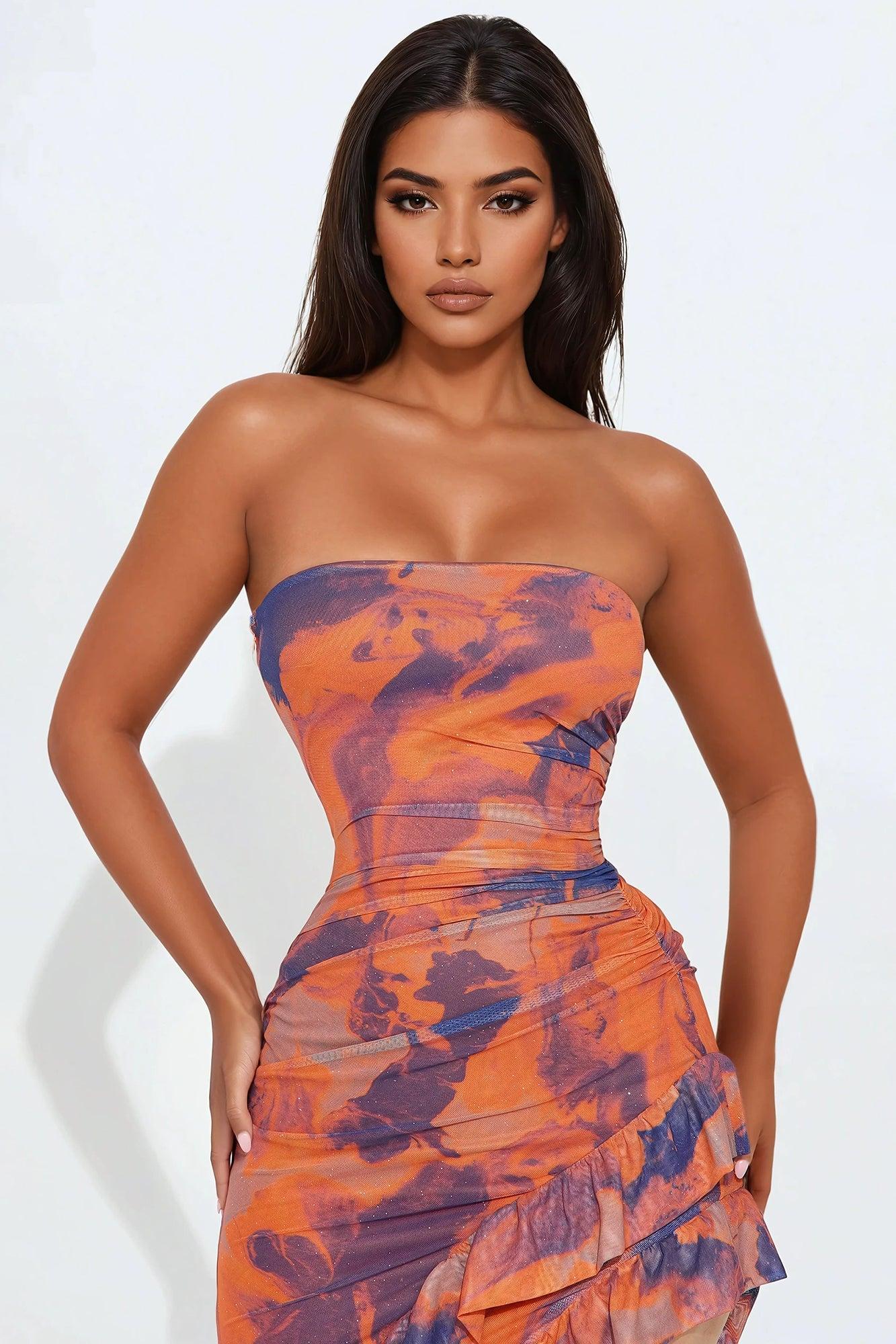 Santana Strapless Mesh Maxi Dress - Orange/combo Product Image