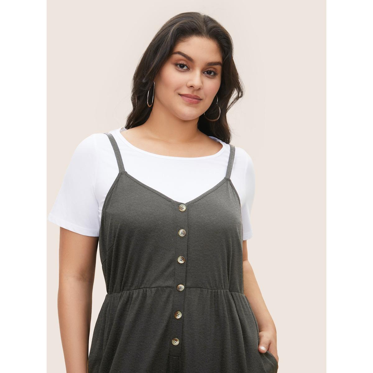 Plus Size DarkGray Solid Button Detail Gathered Jumpsuit Women Casual Sleeveless Non Everyday Loose Jumpsuits BloomChic 28/5X Product Image