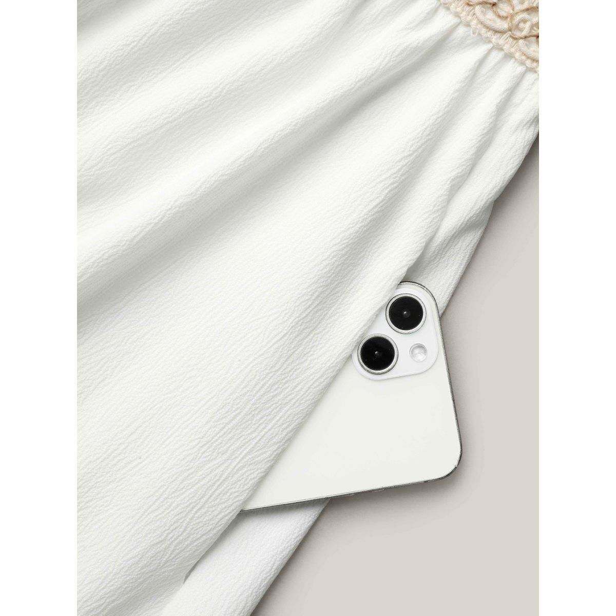 Plus Size Tassel Textured Stretchy Waist Pockets Midi Dress Ivory Women Resort Woven ribbon&lace trim V-neck Half Sleeve Curvy BloomChic 18-20/2X Product Image