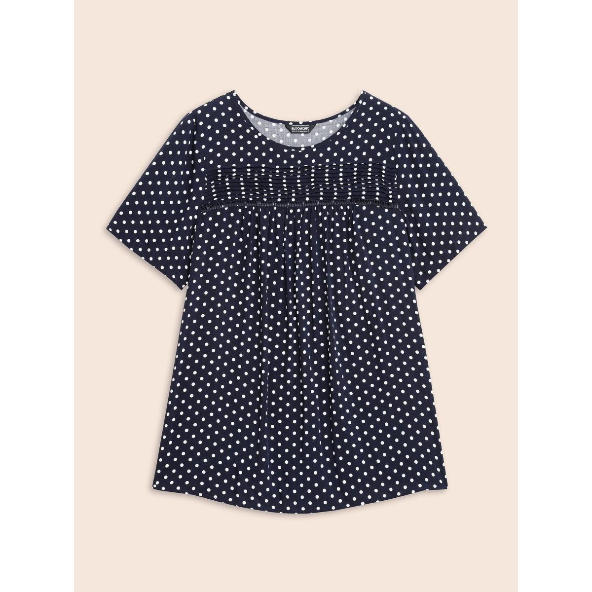 Plus Size Indigo Polka Dot Split Hem Pleated Blouse Women Elegant Cap Sleeve Round Neck Everyday Blouses BloomChic 12/L Product Image
