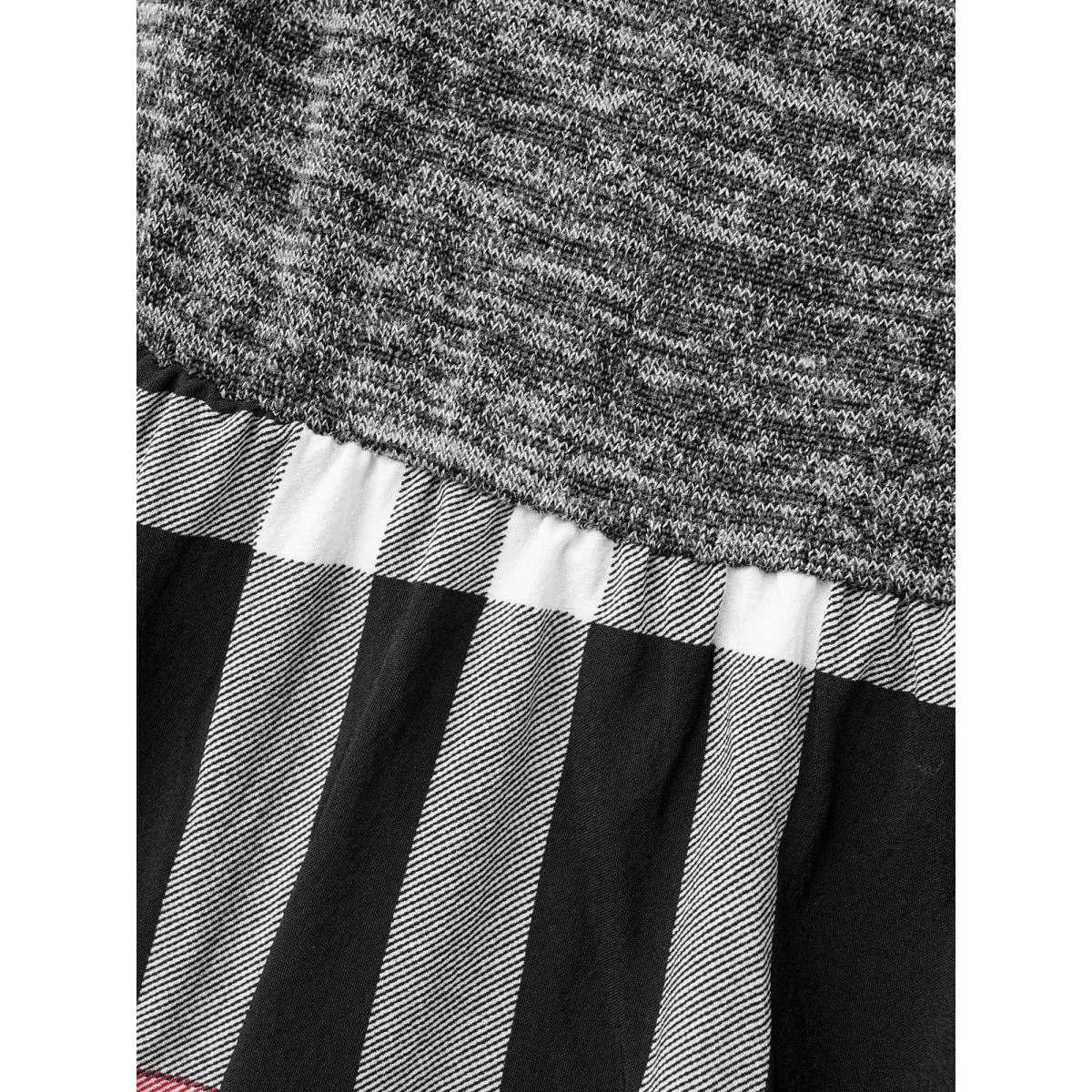 Plus Size Plaid Patchwork Elastic Waist Dress Black Women Casual Patchwork Round Neck Long Sleeve Curvy BloomChic 18-20/2X Product Image